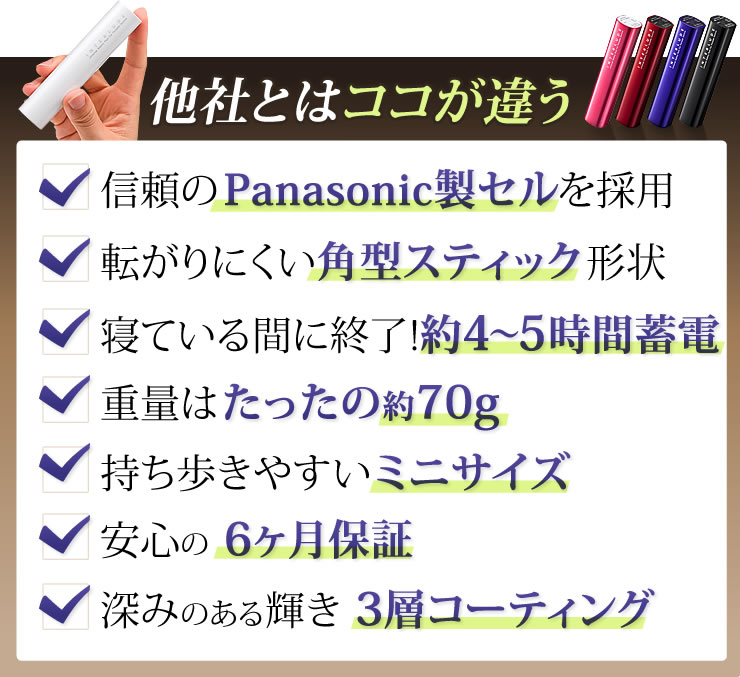 他社とはここが違う　信頼のPanasonic製セルを採用　転がりにくい角型スティク形状　寝ている間に終了　4〜5時間蓄電　重量はたったの約70g　持ち歩きしやすいミニサイズ　安心の6ヶ月保証　深みのある輝き　3層コーティング