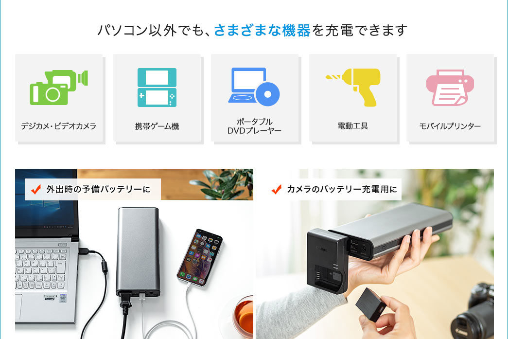 パソコン以外でも、さまざまな機器を充電できます