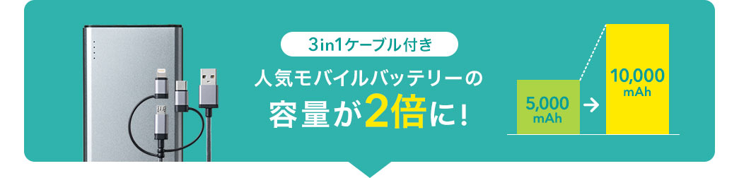 3WAYケーブル付き 人気モバイルバッテリーの容量が2倍に