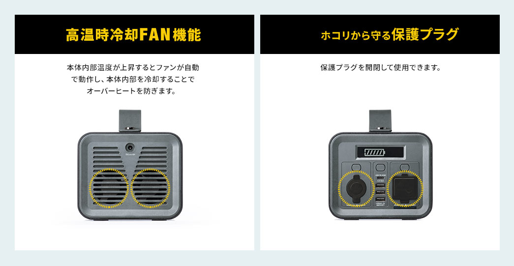 高温冷却FAN機能 ホコリから守る保護プラグ