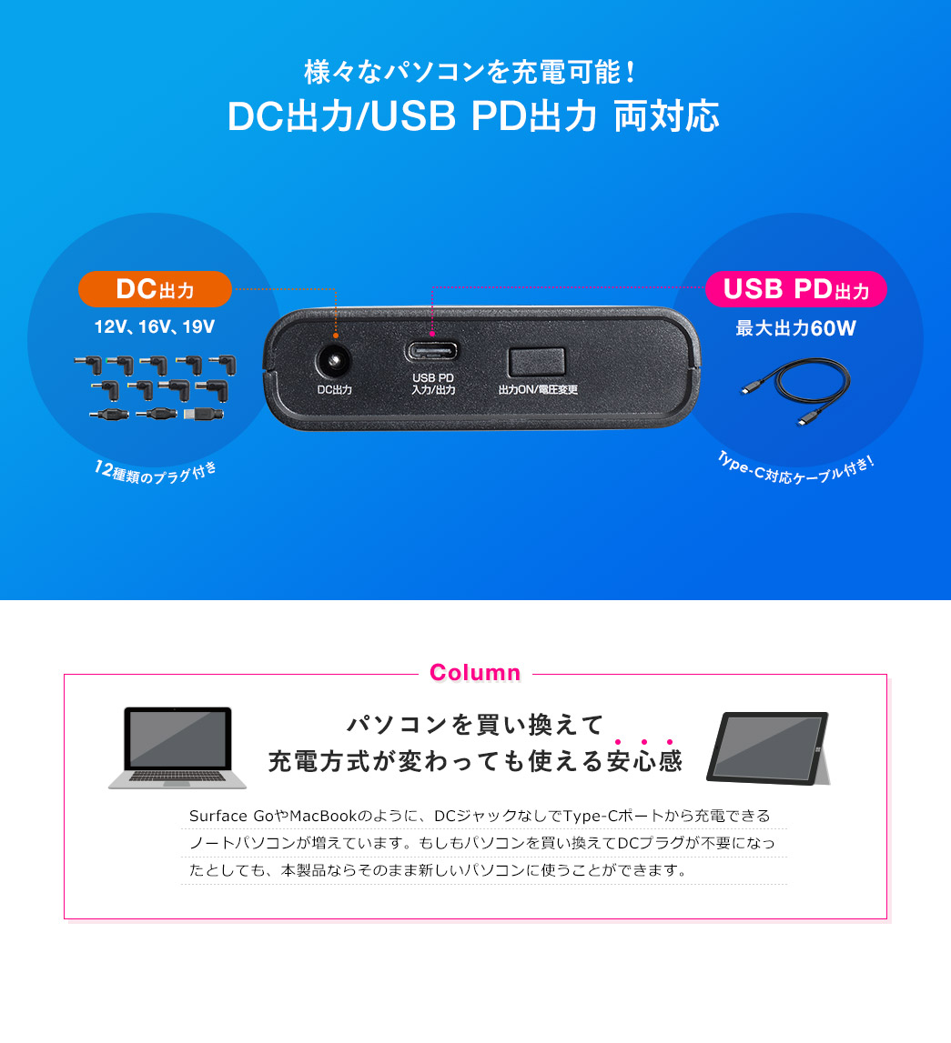 様々なパソコンを充電可能 DC出力/USB PD出力 両対応