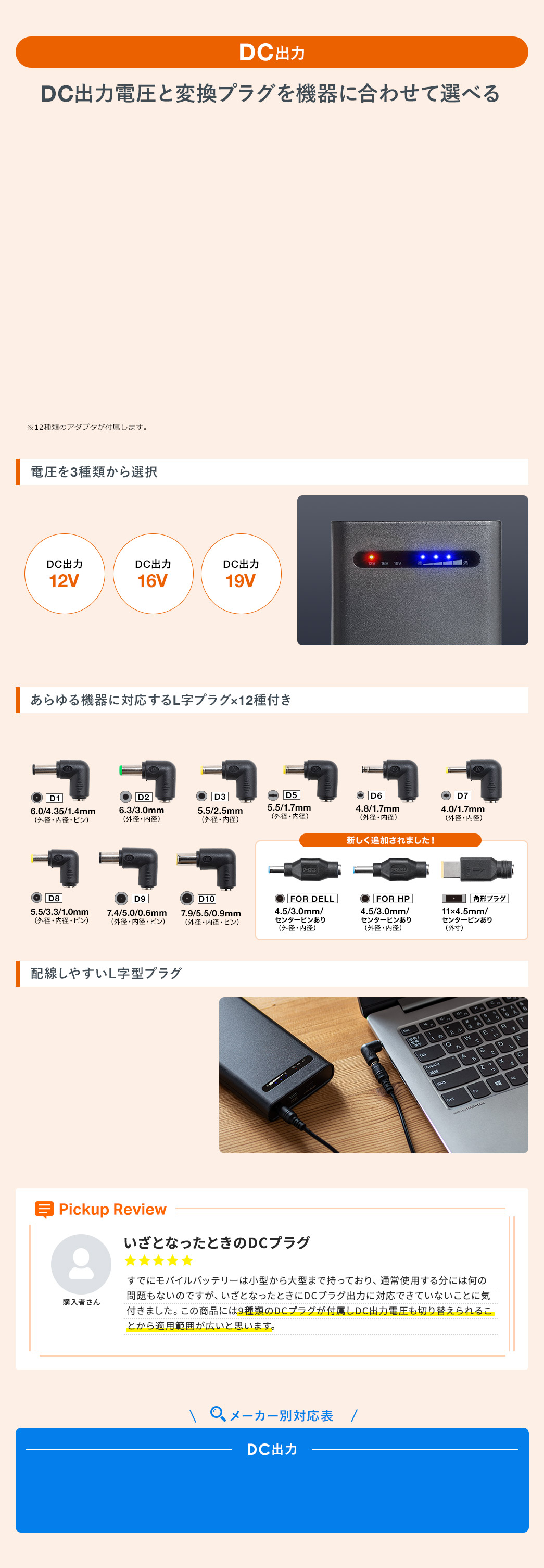 DC出力電圧と変換プラグを機器に合わせて選べる 配線しやすいL字プラグ メーカー別対応表