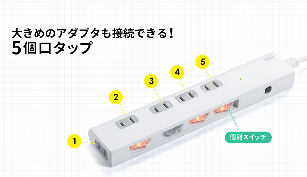 大きめのアダプタも接続できる 5個口タップ