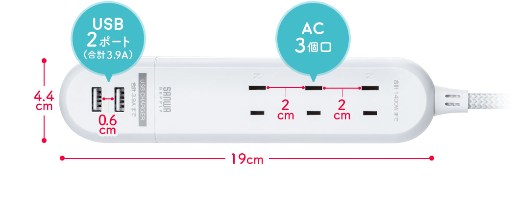 USB2ポート（合計3.9A）　AC3個口