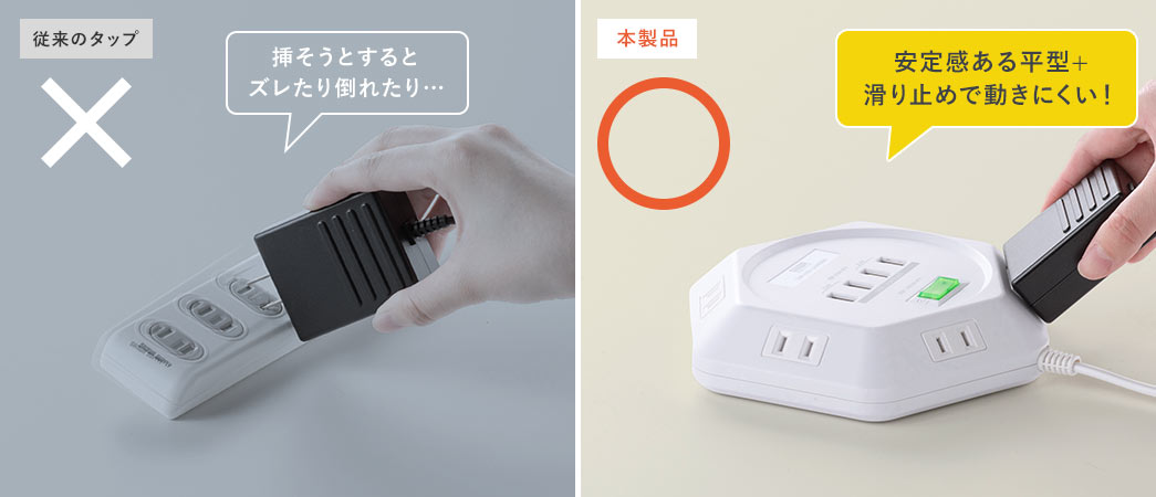 従来のタップ×：挿そうとするとズレたり倒れたり・・・　本製品○：安定感ある平型＋滑り止めで動きにくい！