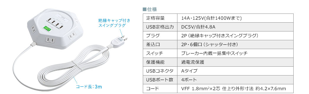 絶縁キャップ付きスイングプラグ　コード長：3m　仕様