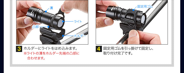 ３　ホルダーにライトをはめ込みます