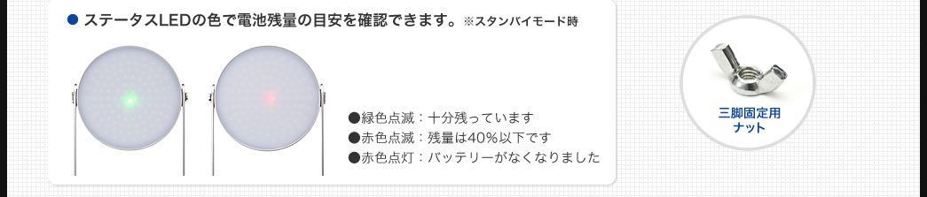 ステータスLEDの色で電池残量の目安を確認できます