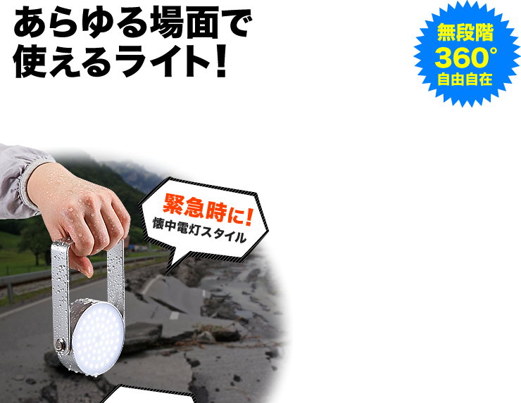 あらゆる場面で使えるライト　無段階360°自由自在
