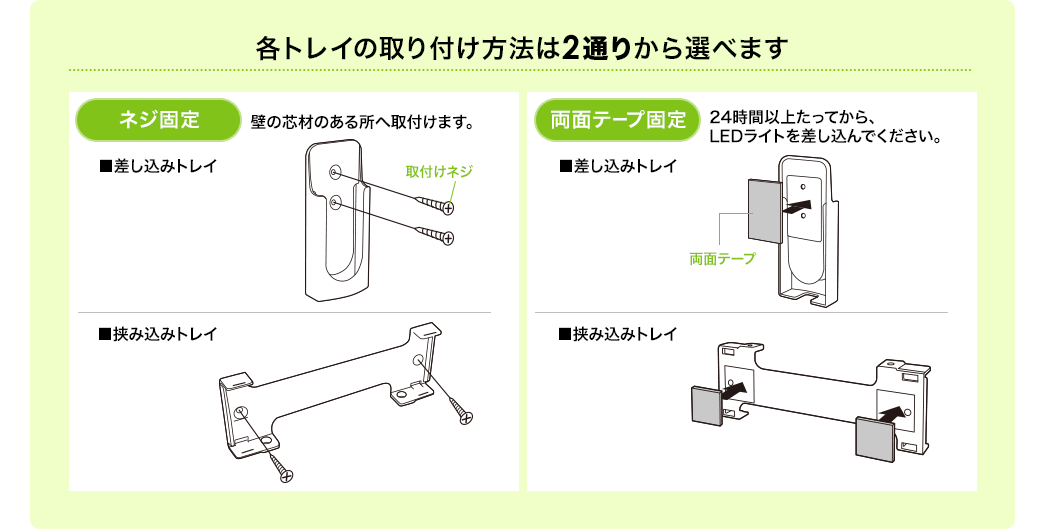 各トレイの取り付け方法は2通りから選べます