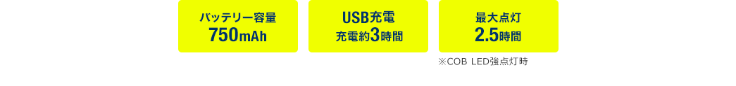 バッテリー容量750mAh USB充電 充電約3時間 最大点灯2.5時間