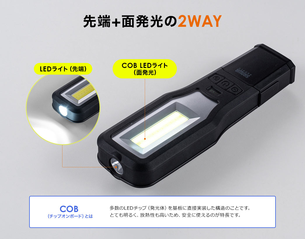 先端+面発光の2WAY。COB（チップオンボード）とは多数のLEDチップ（発光体）を基板に直接実装した構造のことです。とても明るく、放熱性も高いため、安全に使えるのが特長です。