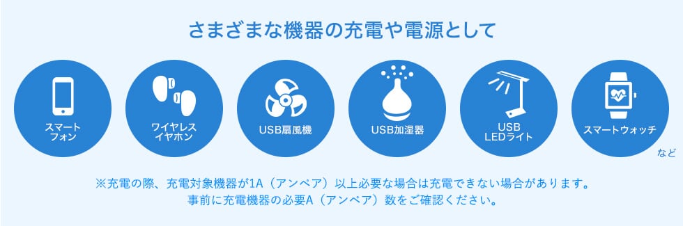 さまざまな機器の充電や電源として