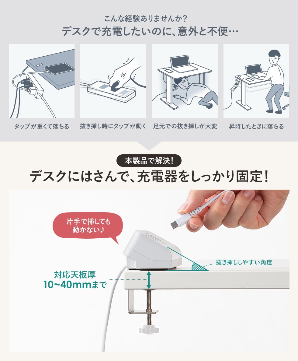 デスクに挟んで、充電器をしっかり固定