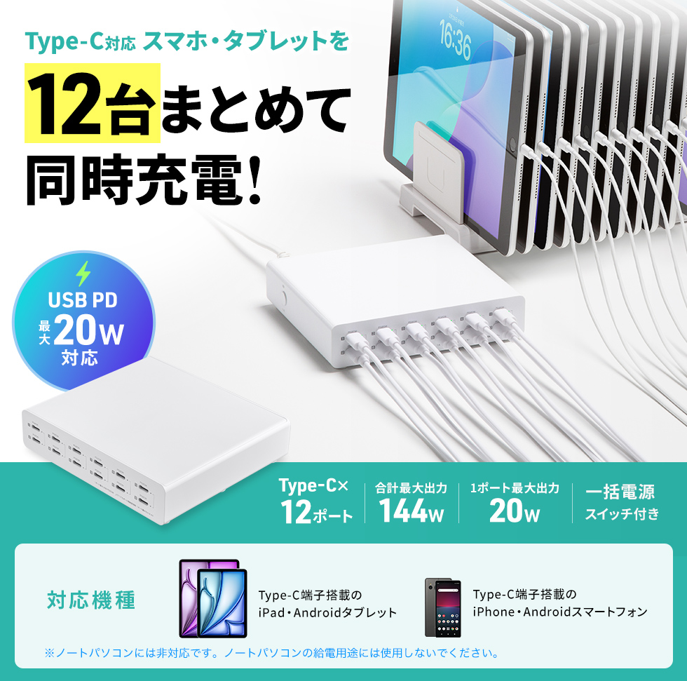 タブレット、スマートフォンなどを最大12台まとめて充電できるUSB Power Delivery規格20Wの出力に対応したUSB Type-C充電器。