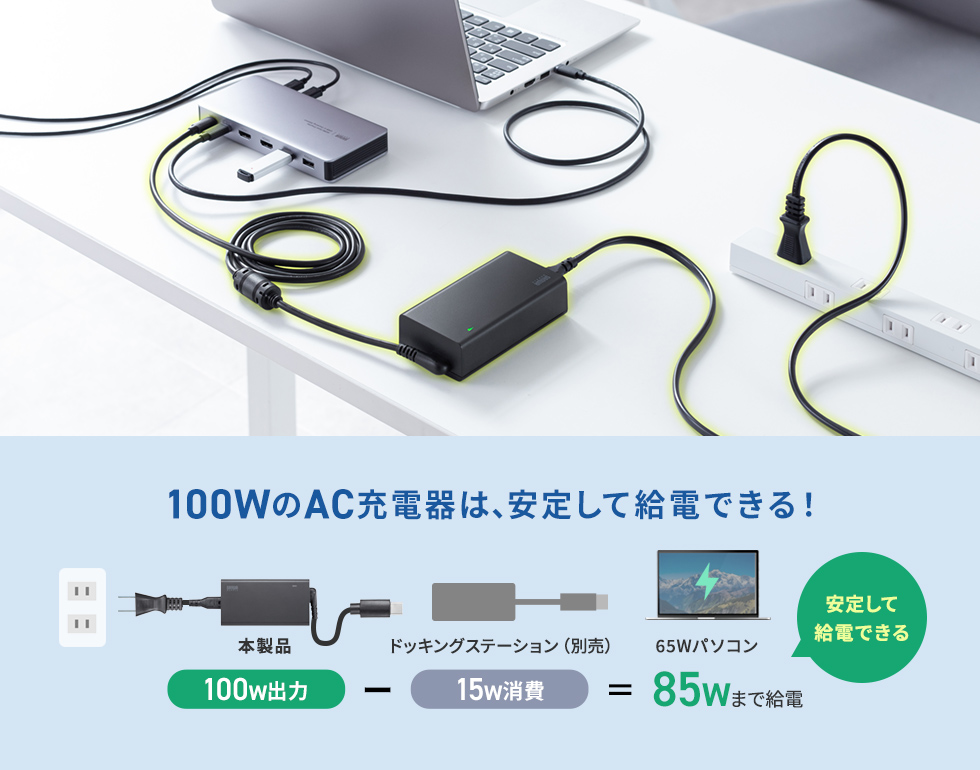 ドッキングステーション経由でもパソコンへ安定給電できる