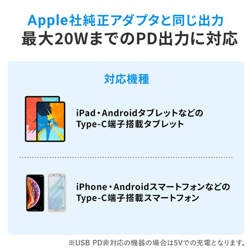 Apple純正と同じ最大20WまでのPD出力に対応