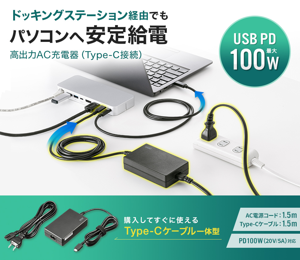 最大100WのUSB Power Delivery規格出力に対応し、ドッキングステーションやドッキングハブを接続したノートパソコンにも安定して給電できる、Type-Cケーブル一体型のAC充電器。