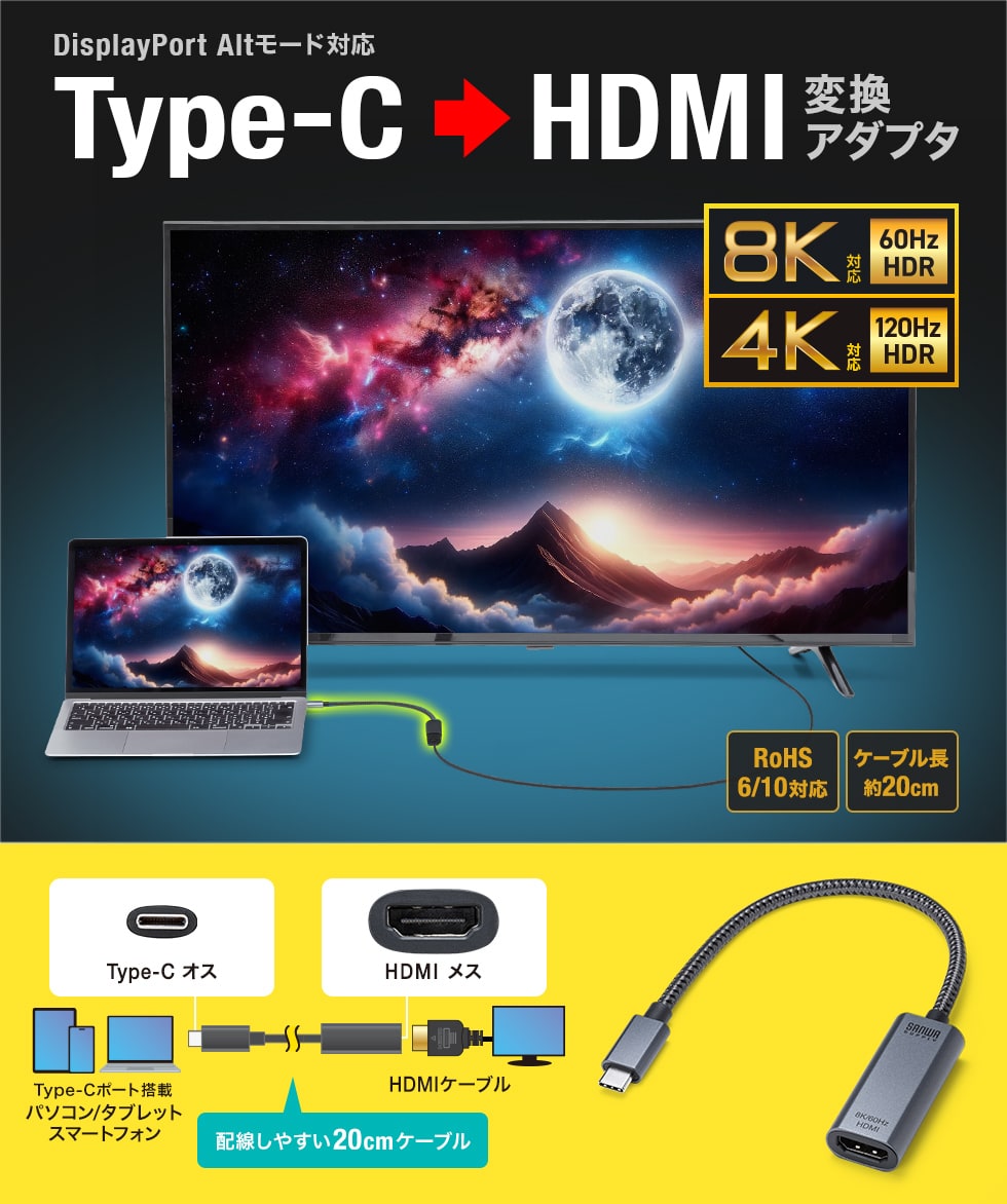DisplayPort Altmodeに対応したType-CポートをHDMI（8K/60Hz/HDR、4K/120Hz/HDR）に変換し映像出力ができる変換アダプタ。