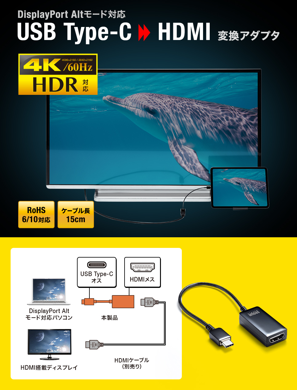 DisplayPort Altモード対応USB Type-C HDMI変換アダプタ
