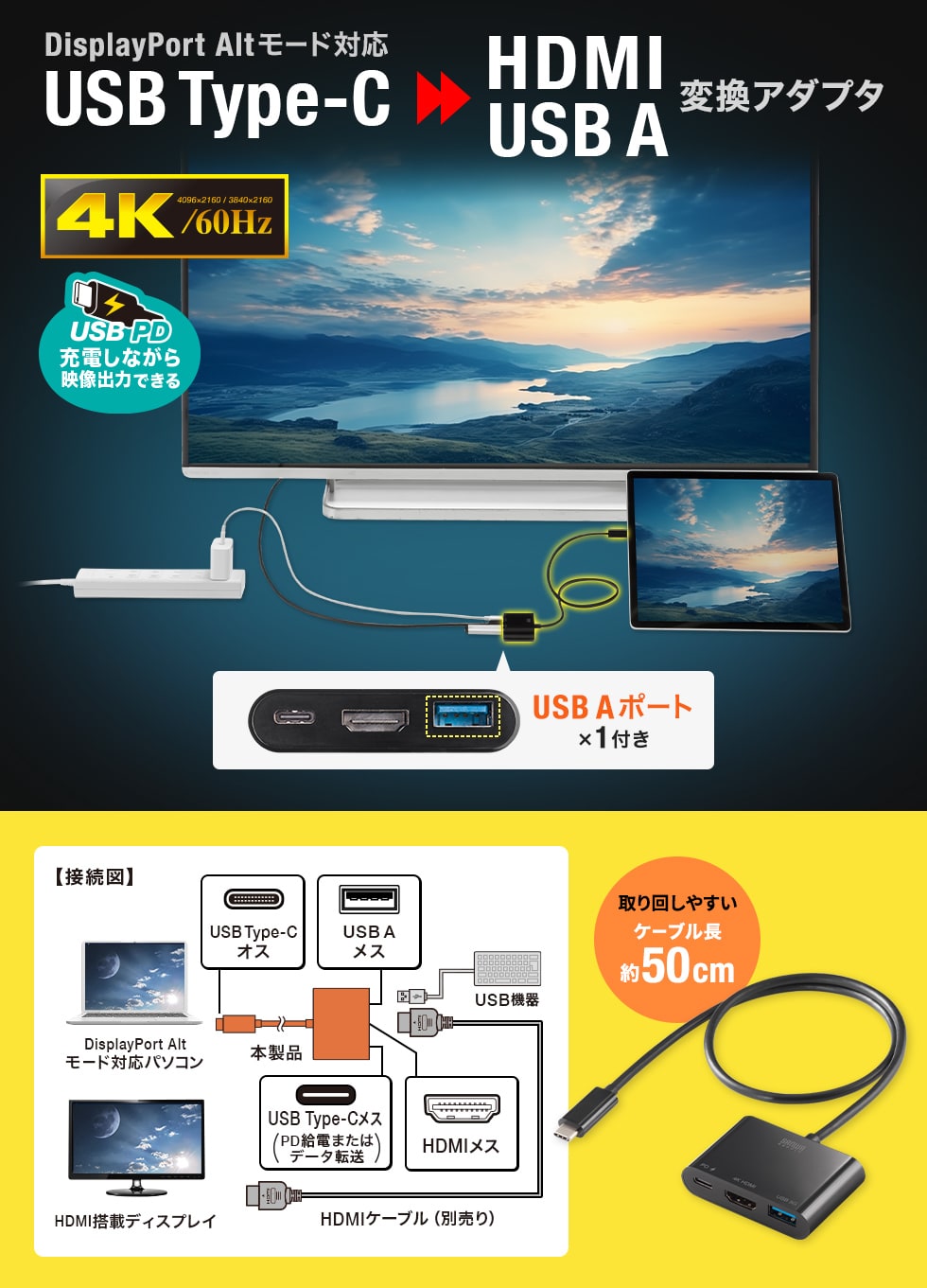 Type-CポートをHDMI(4K/60Hz)に変換し映像出力ができる変換アダプタ。PD充電に対応しUSB Aポート×1も搭載。