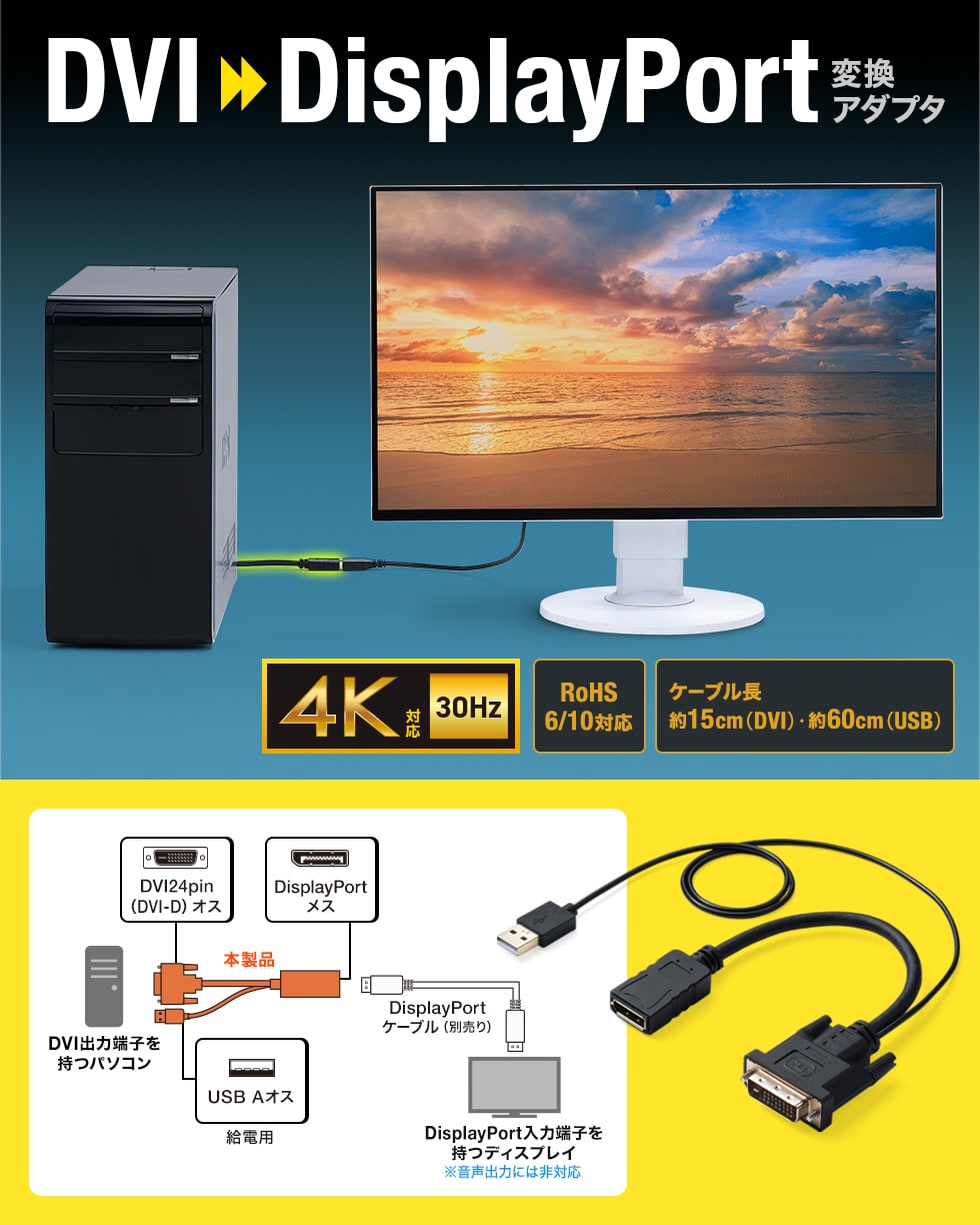 DVI信号をDisplayPort（4K/30Hz）信号に変換し、DisplayPort入力を持つディスプレイに出力できるDVI-DisplayPort変換アダプタ。