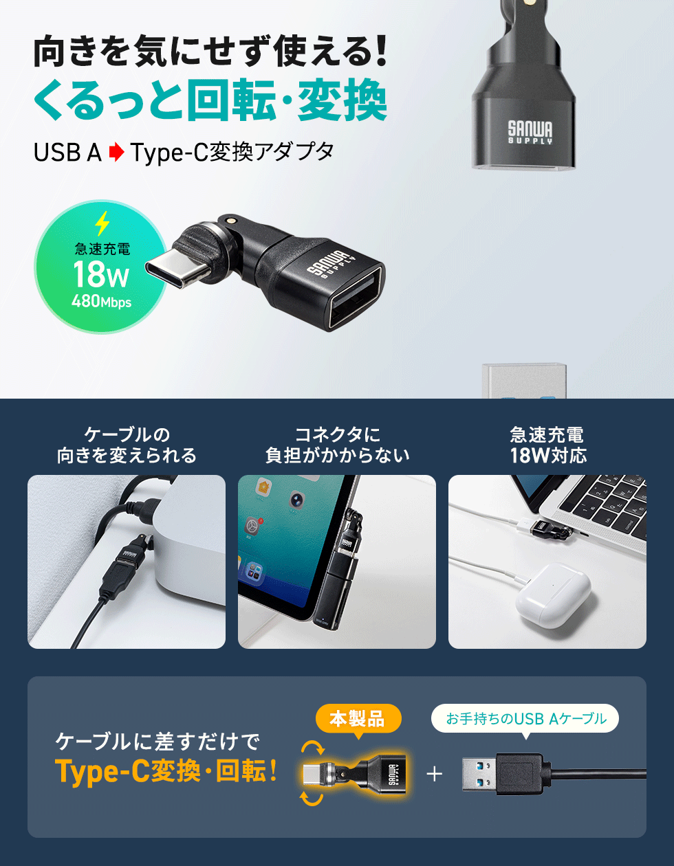 USB AコネクタをType-Cに変換するアダプタで、540度回転コネクタにより狭い場所でも扱いやすく快適に利用できます。