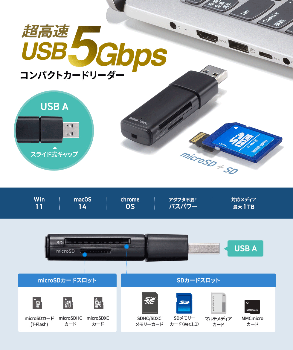 コンパクトで持ち運びに便利な、USB 5Gbps（USB3.2 Gen1）に対応したSD/microSDカードリーダー。スライド式でコネクタを守る。ストラップホール付き。USB A接続。