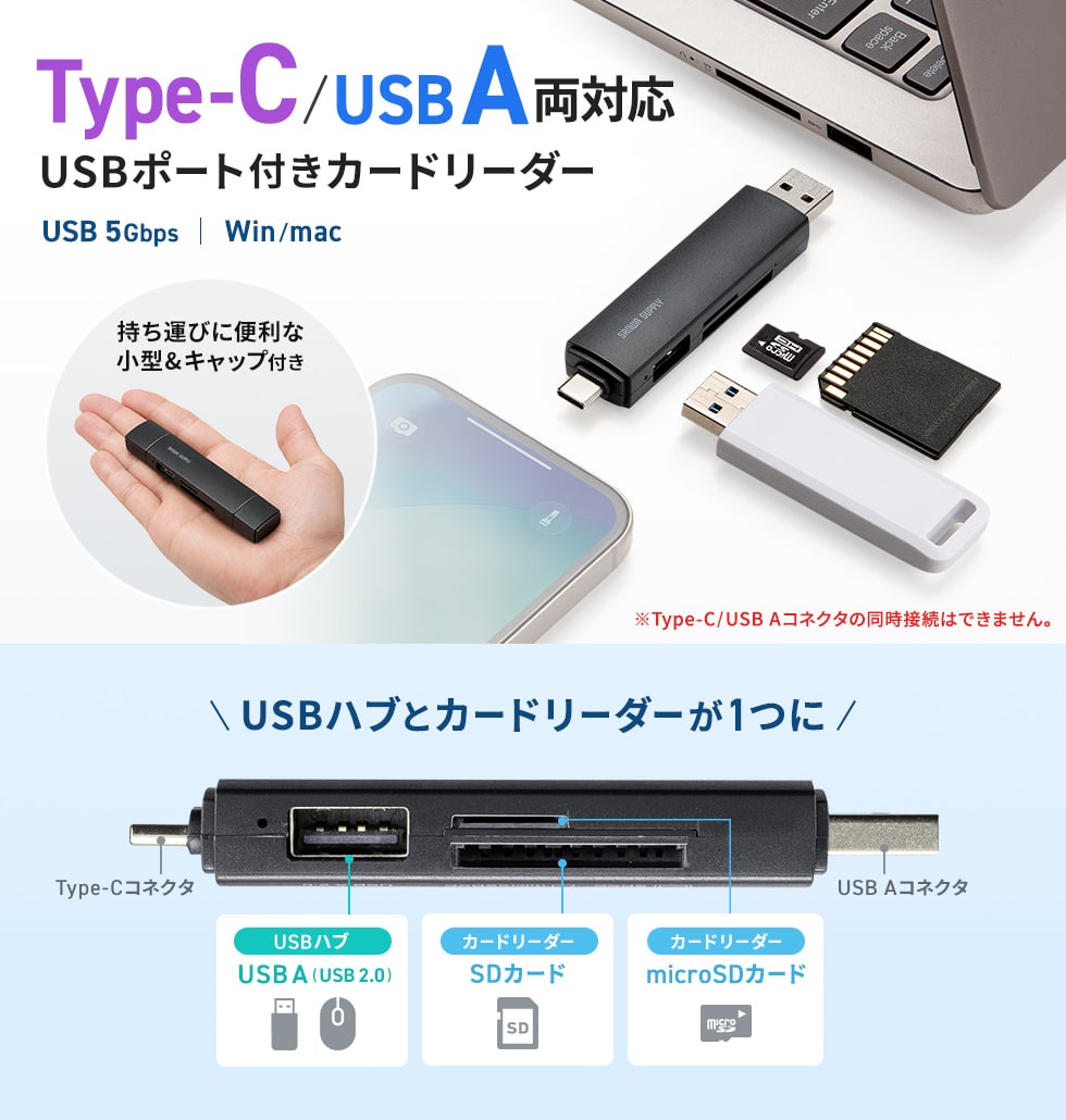 USB Type-C と USB-A の両方に直挿しできるSD/microSDカードリーダー。USB-Aポート付きで周辺機器の接続も可能。