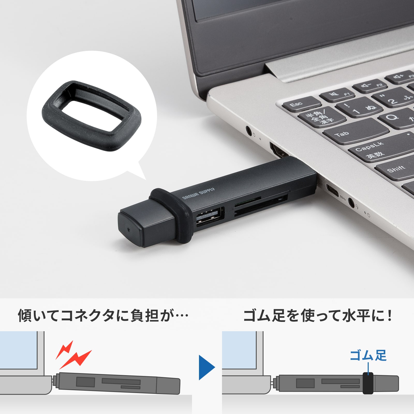 コネクタへの負担を軽減できるゴム足