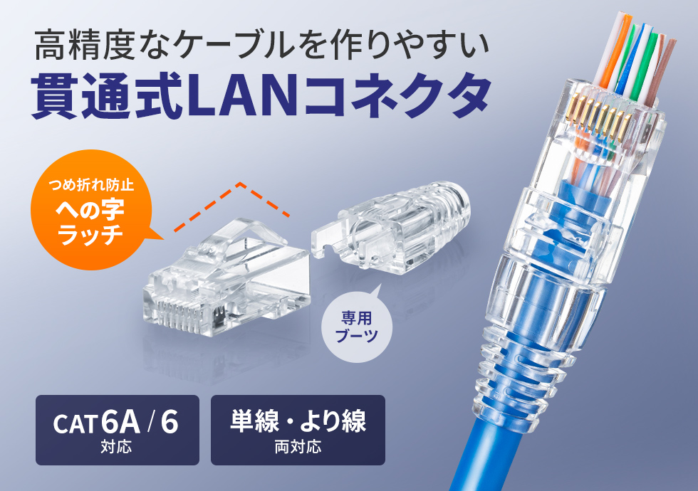 貫通型でスピーディー、性能を出せる、単線、より線対応。への字ラッチでつめ折れ防止のCAT6A・CAT6自作用RJ-45コネクタ。コネクタ×10個・ブーツ×10個。