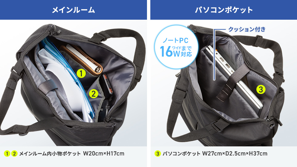 メインルームの小物ポケット、パソコンポケットの寸法説明画像