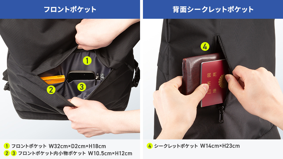 フロントポケットとシークレットポケットの説明画像