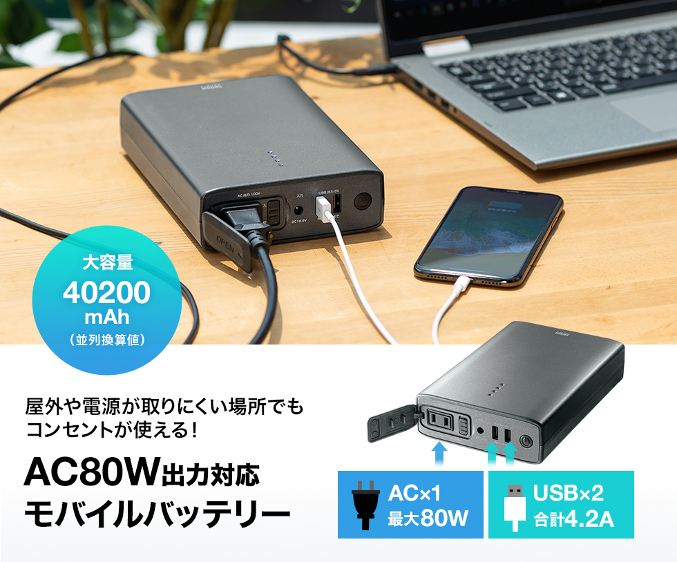 AC80W出力対応モバイルバッテリー
