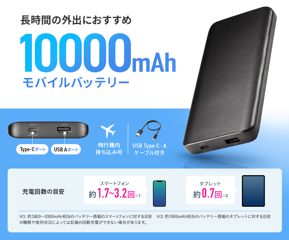 10000mAhの持ち運びしやすい薄型形状のモバイルバッテリー。USB Type-CとUSB Aの2つの出力ポートで様々なデバイスの充電に柔軟に対応。10000mAh。