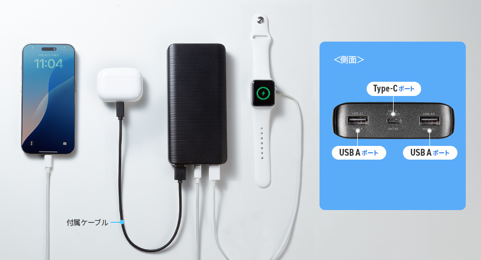 最大3台の機器を同時に充電できる