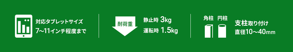 対応タブレットサイズ　7～11インチ程度まで　耐荷重　静止時3kg　運転時　1.5kg 　角柱　円柱　支柱取り付け　直径10～40mm
