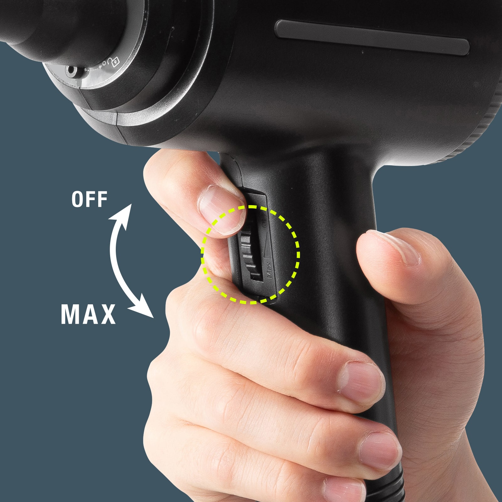 手元のダイヤルで風量を無段階で調整できる