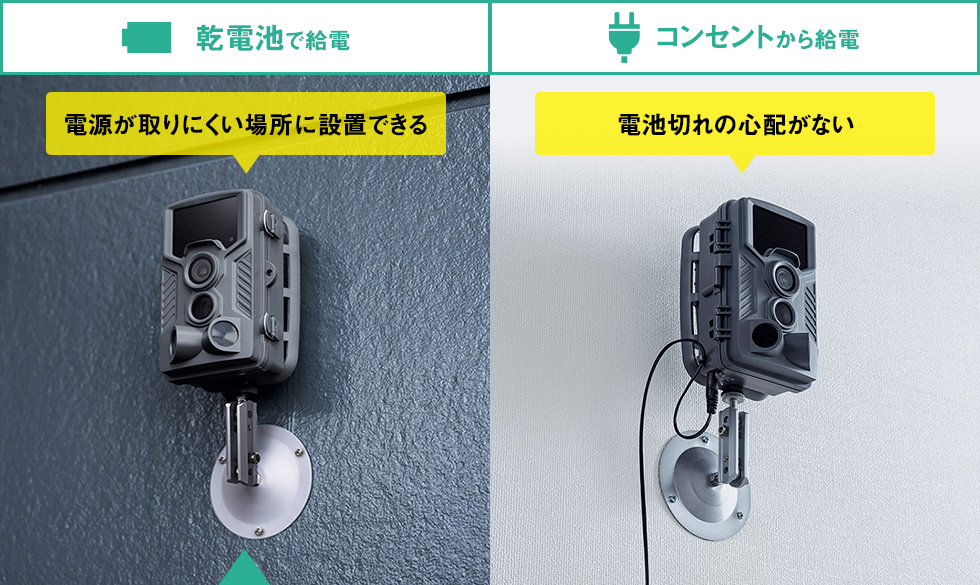 乾電池で給電　電源が取りにくい場所に設置できる　コンセントから給電　電池切れの心配がない