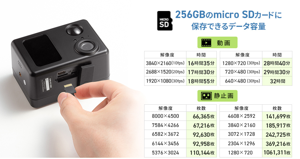 micro SDカードに保存できる