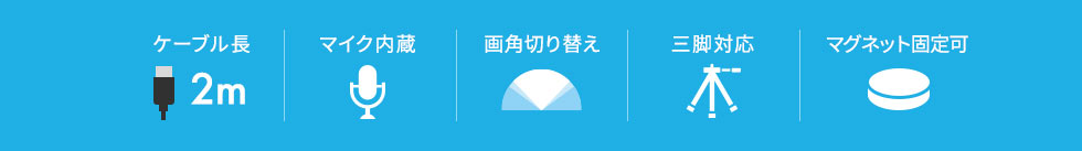 ケーブル長2ｍ/マイク内蔵/画角切り替え/三脚対応/マグネット固定可!