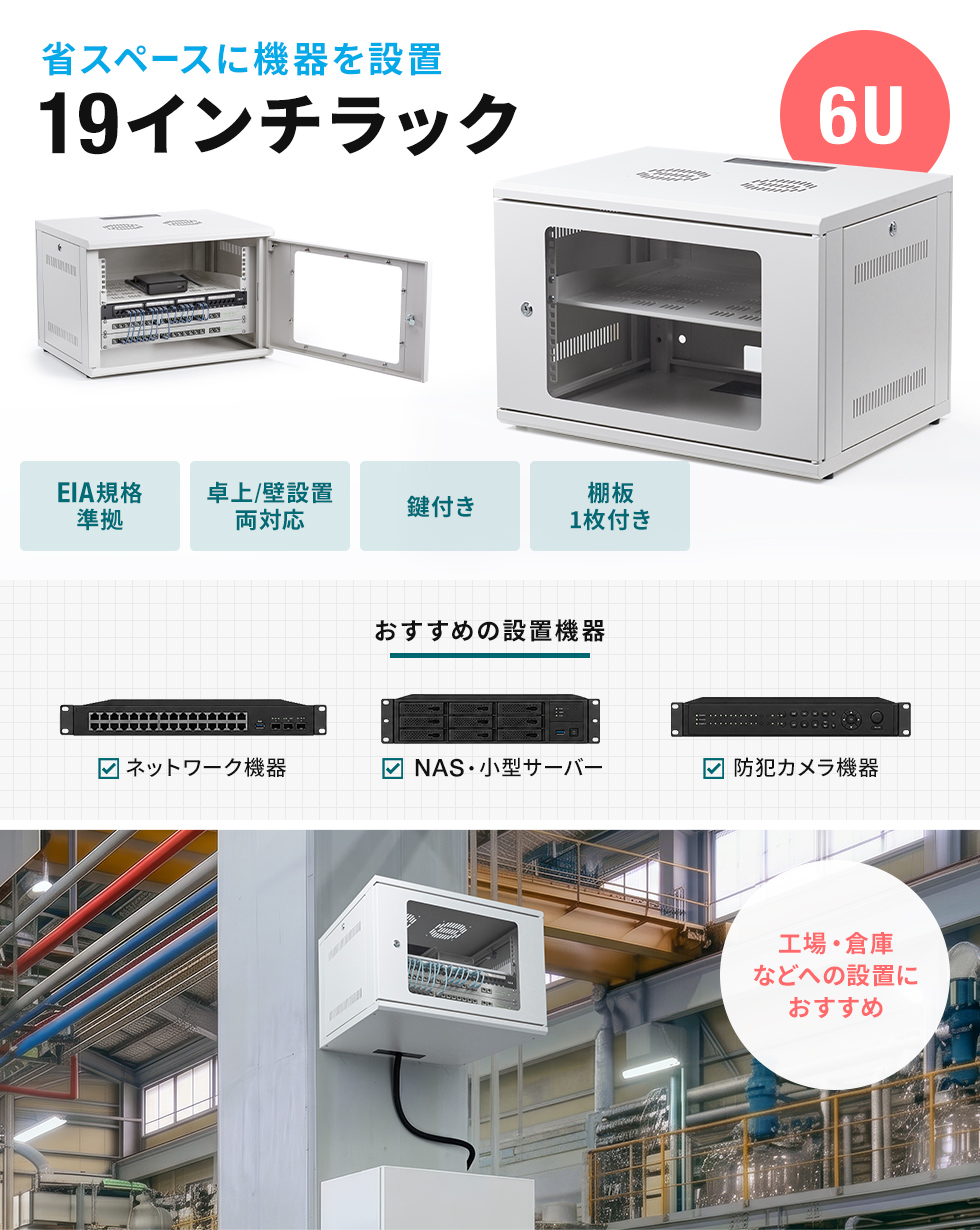 ネットワーク機器や音響機器などの19インチ機器を省スペースで設置できる。卓上・壁掛け設置に対応。6Uタイプ。