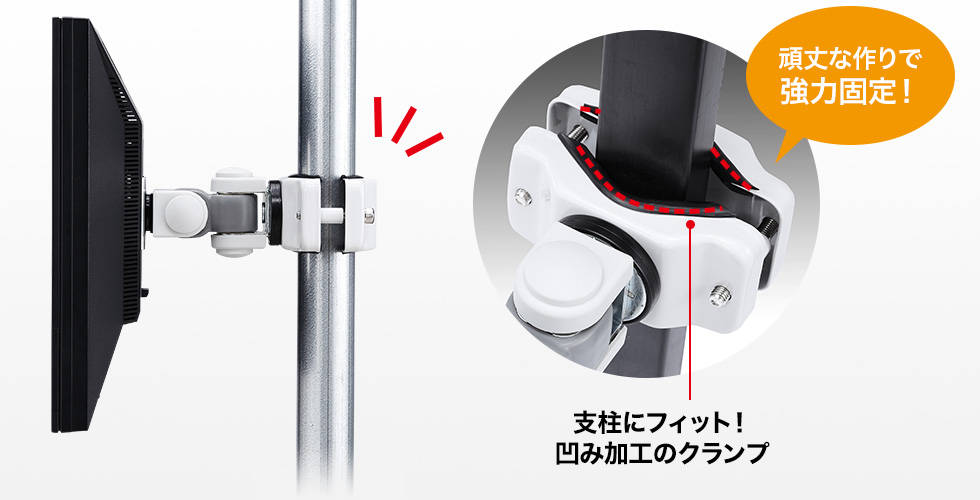 頑丈な作りで強力固定　支柱にフィット　凹み加工のクランプ