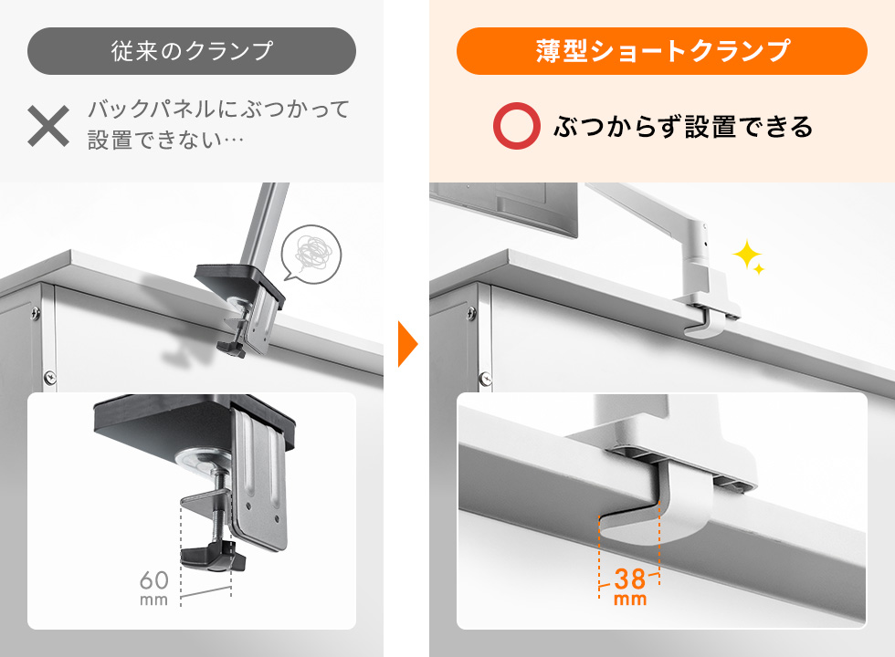 薄型ショートクランプならデスクのバックパネルにぶつからずに設置できます