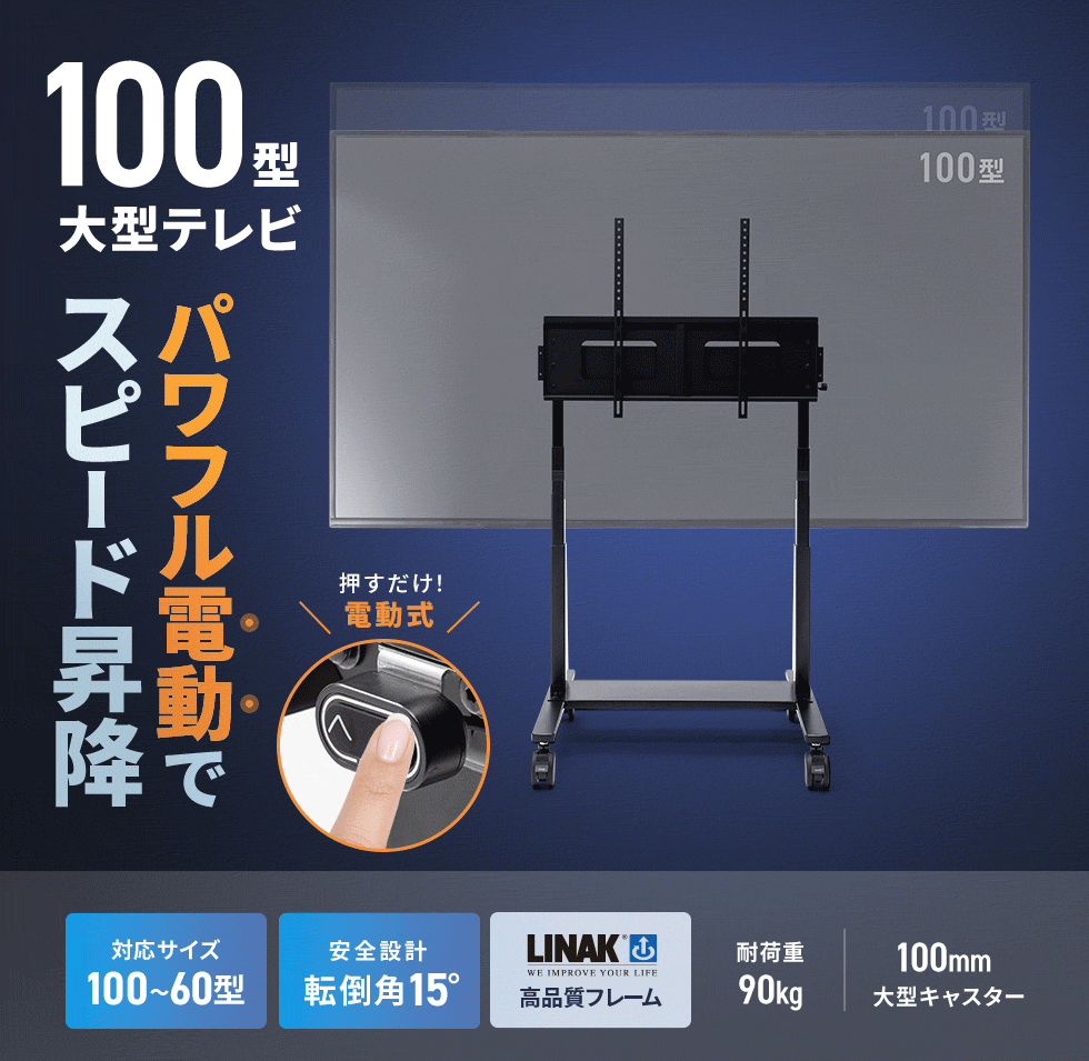 会議室や教育現場、展示会で大型ディスプレイを安全かつ効率的に使える、従来の1.5倍速昇降と転倒角15度クリアを備えた高耐荷重電動スタンド。