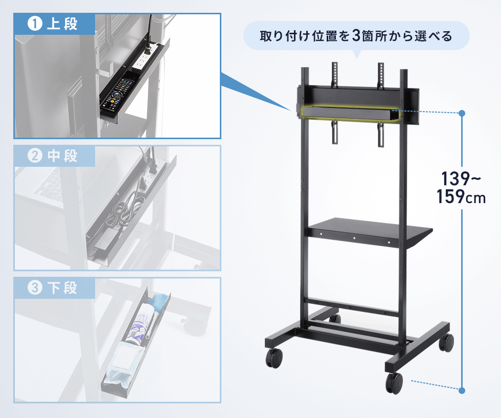 タップや小物などを置ける便利なトレー付き