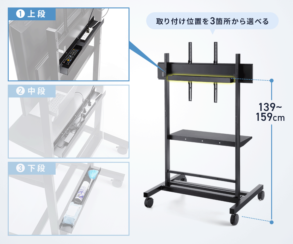 タップや小物などを置ける便利なトレー付き