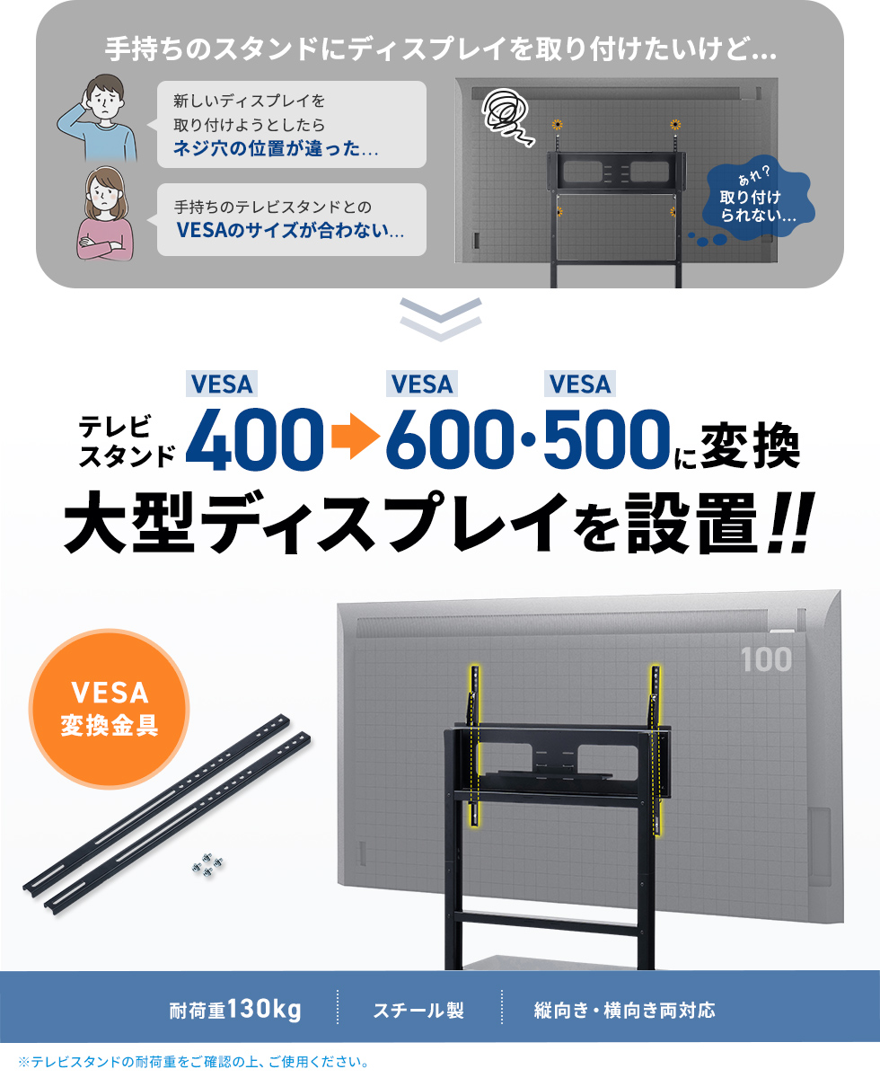 VESA400をVESA600へ変換して取り付けできる汎用タイプで、さまざまな設置環境に合わせて柔軟にレイアウトできる便利な変換金具。