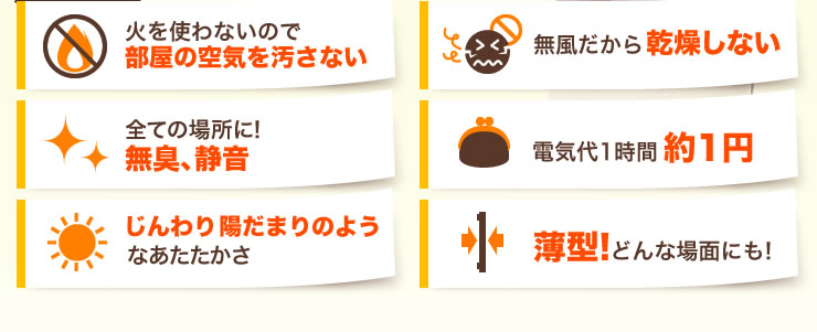 部屋の空気を汚さない　乾燥しない　無臭、静音　約1円　じんわり陽だまりのよう　薄型