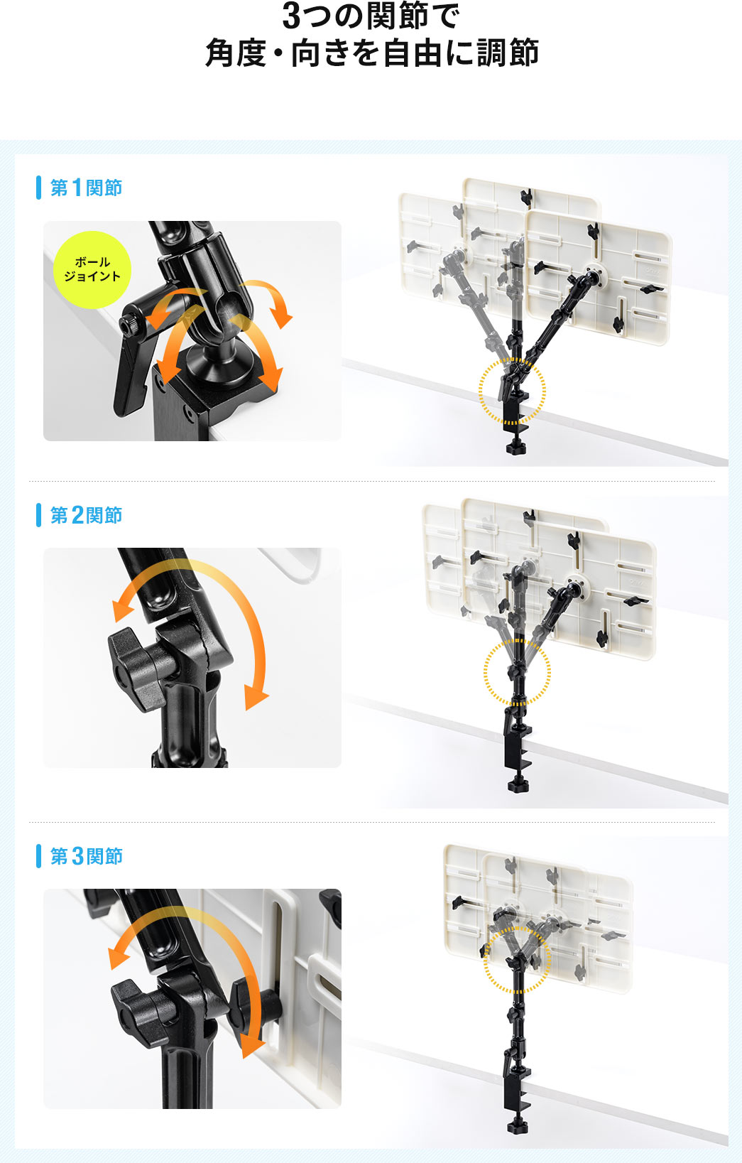 3つの関節で角度・向きを自由に調節